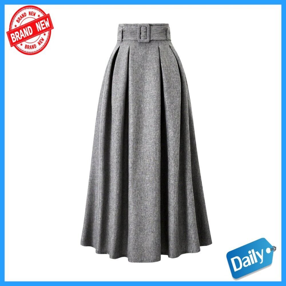 High Waisted Pleated Long Skirt A Line Belted Swing Office Wear